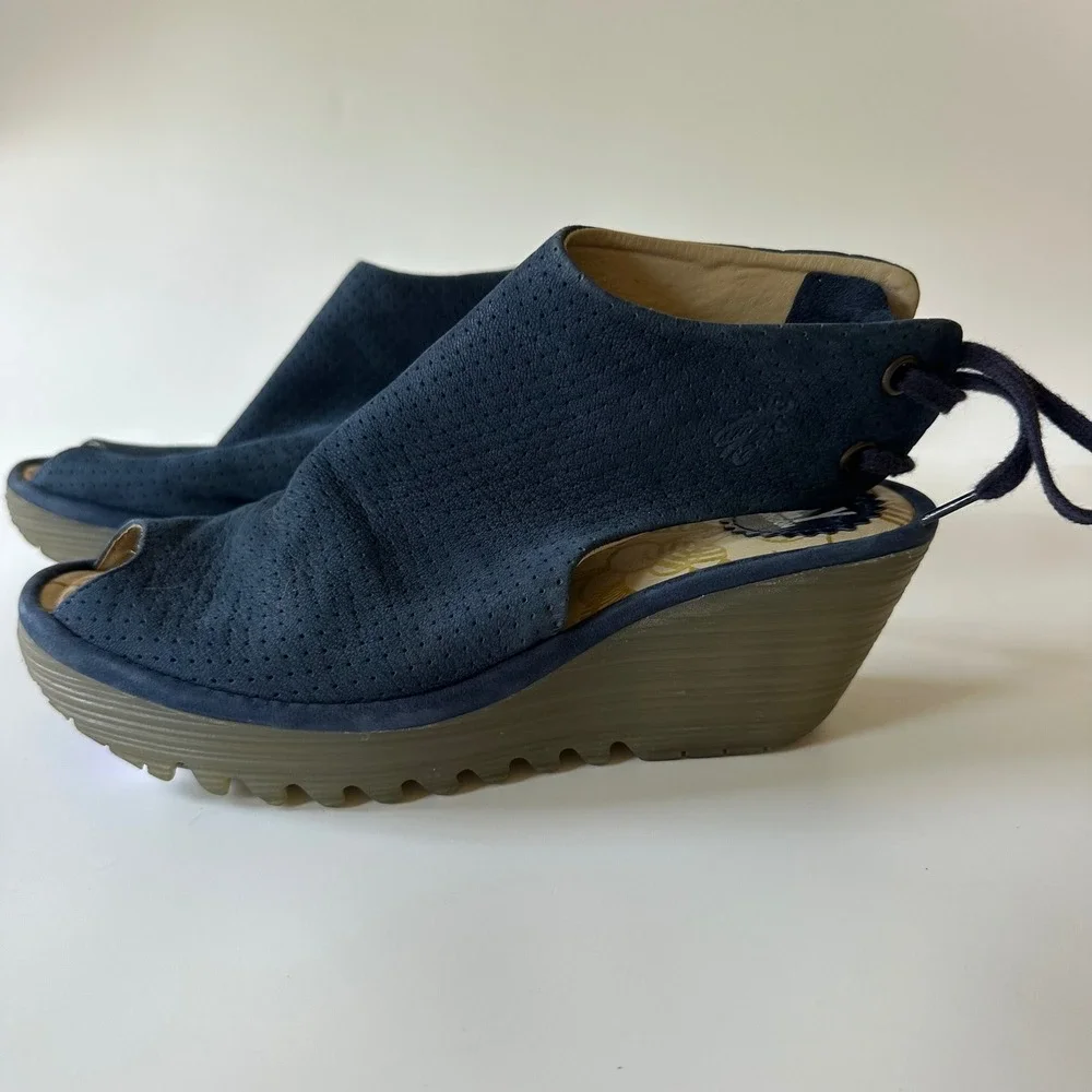Fly London Ypul Wedge Sandals Navy Blue Perforated Suede Peep Toe size 38